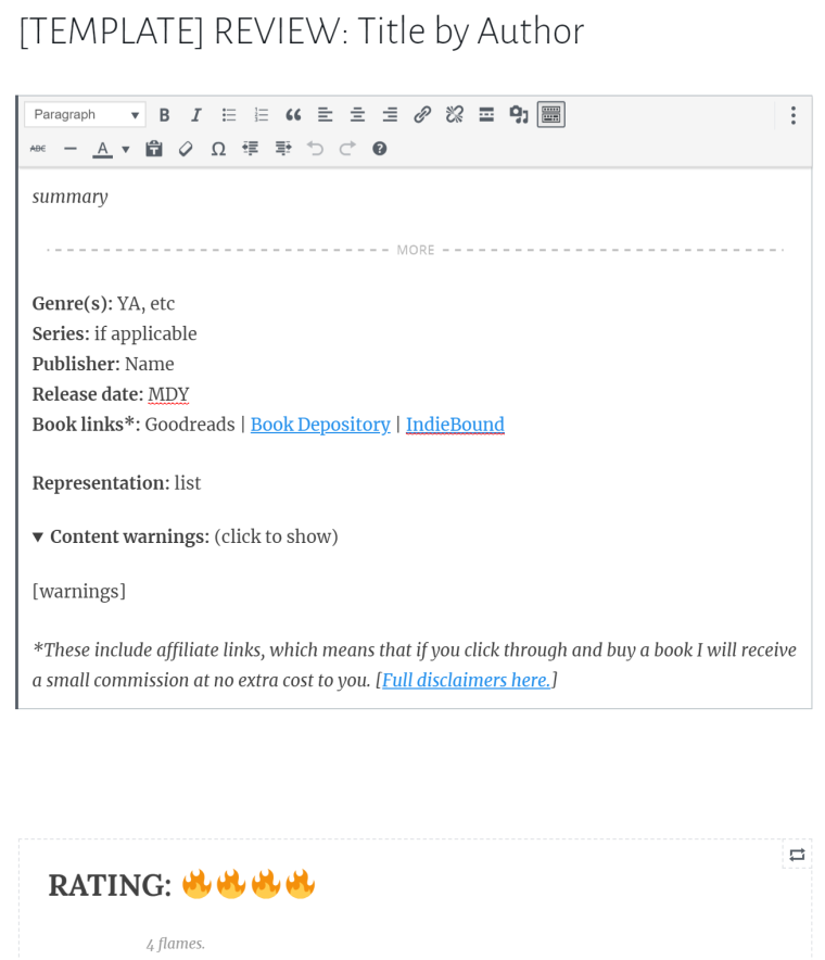 screenshot of part of my review template